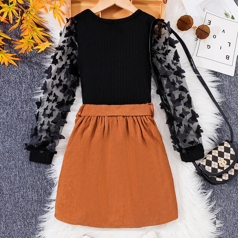 Two Piece Autumn And Winter Girl's New Cute Bubble Sleeve Knitted Round Neck Princess Daily Casual Birthday Party Clothing Set