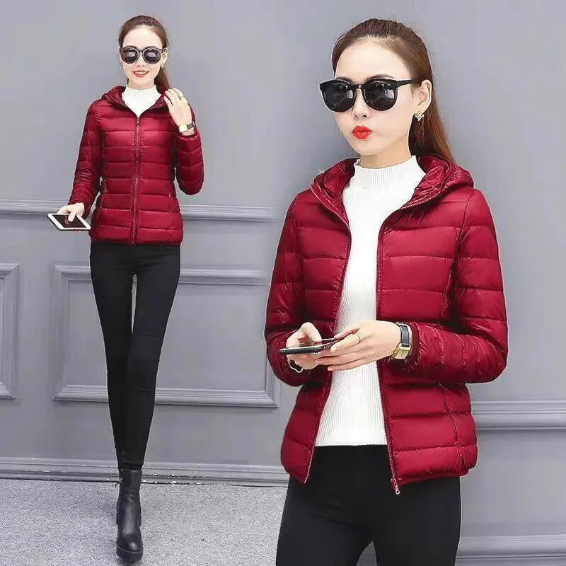 Women’s Short Puffer Jacket – Warm Hooded Coat with Stand-Up Collar