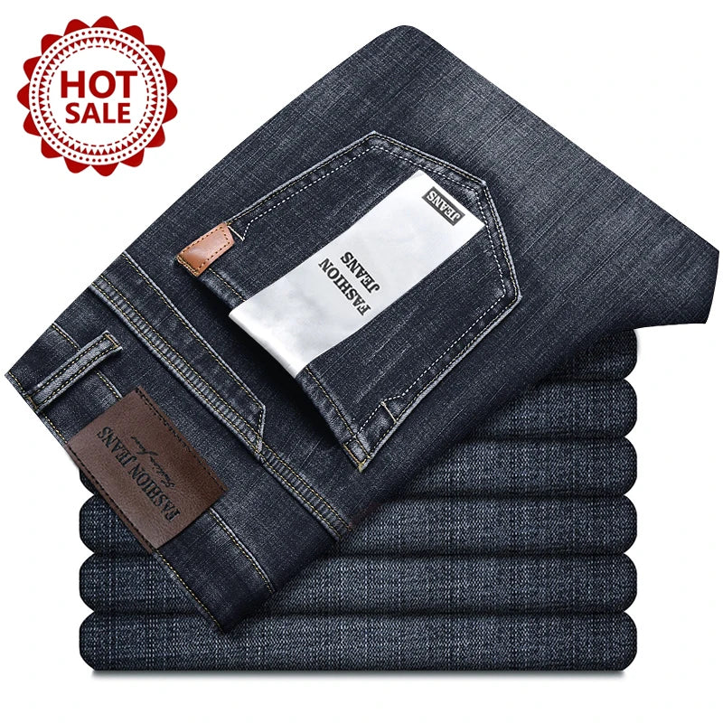 Men's Retro Grey Stretch Jeans – Slim Straight-Leg Denim Trousers