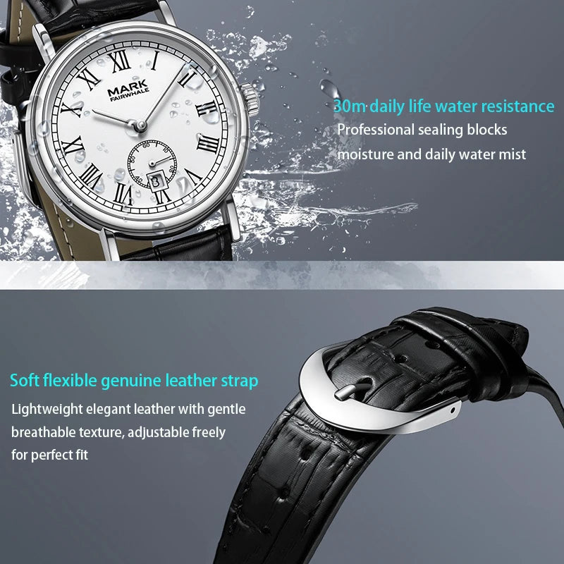 Men's Automatic Mechanical Watch with Date Display Stainless Steel Case Genuine Leather Strap Transparent Case Back 40mm  Dial