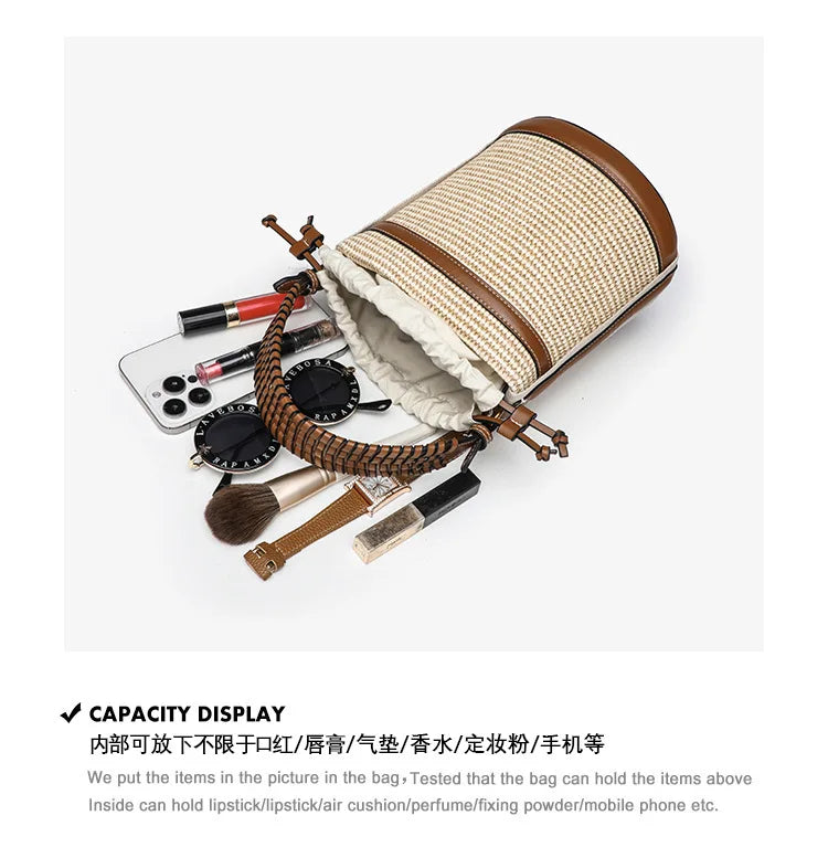 Fashion Straw Bucket Bag Weave Women Handbags Designer Panelled Shoulder Crossbody Bags Casual Summer Beach Small Tote Purse sac