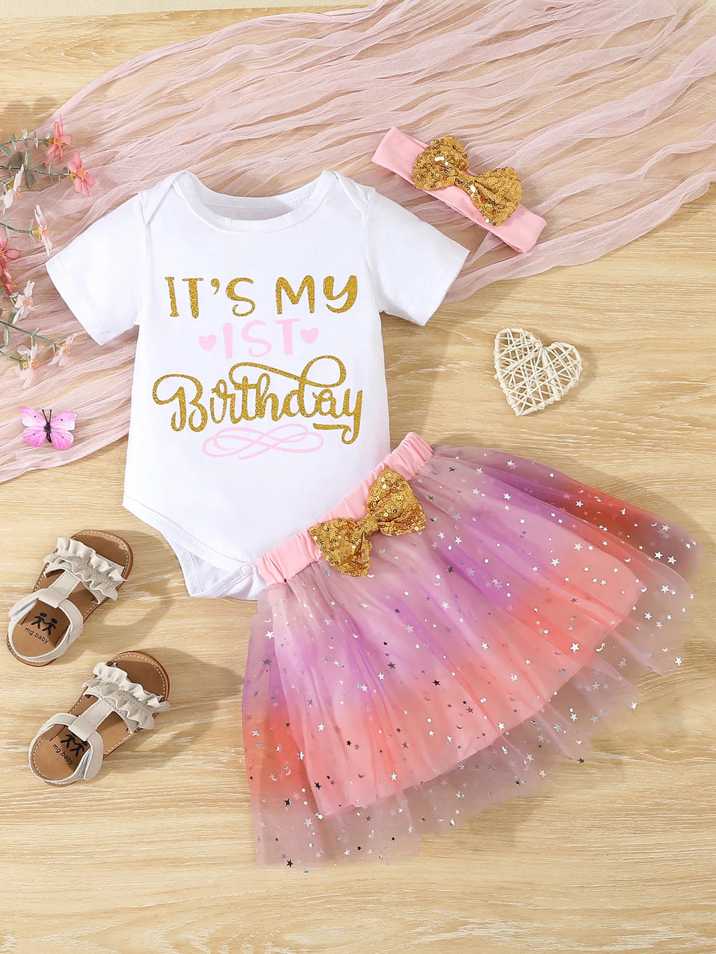 Baby Girl 3-Piece Birthday Outfit – Sequin Bow Bodysuit & Tutu Skirt Set