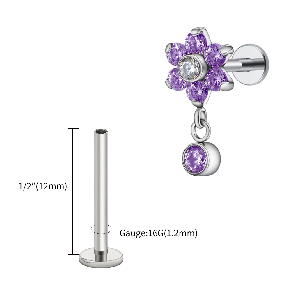16G Titanium Flower CZ Drop Labret – Dangle Flat Back Piercing Earring