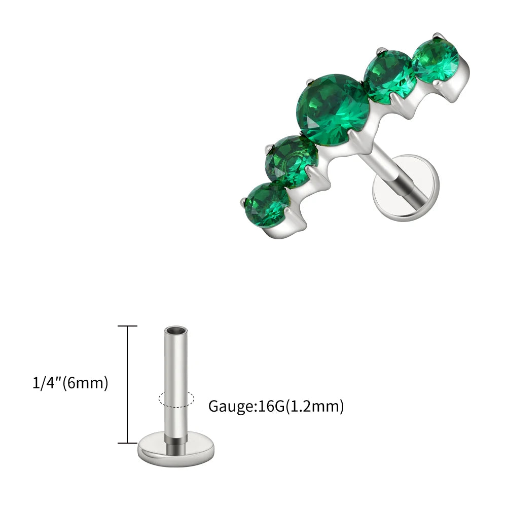 16G Titanium CZ Cluster Labret Stud – Curved Bar Flat Back Cartilage Earring