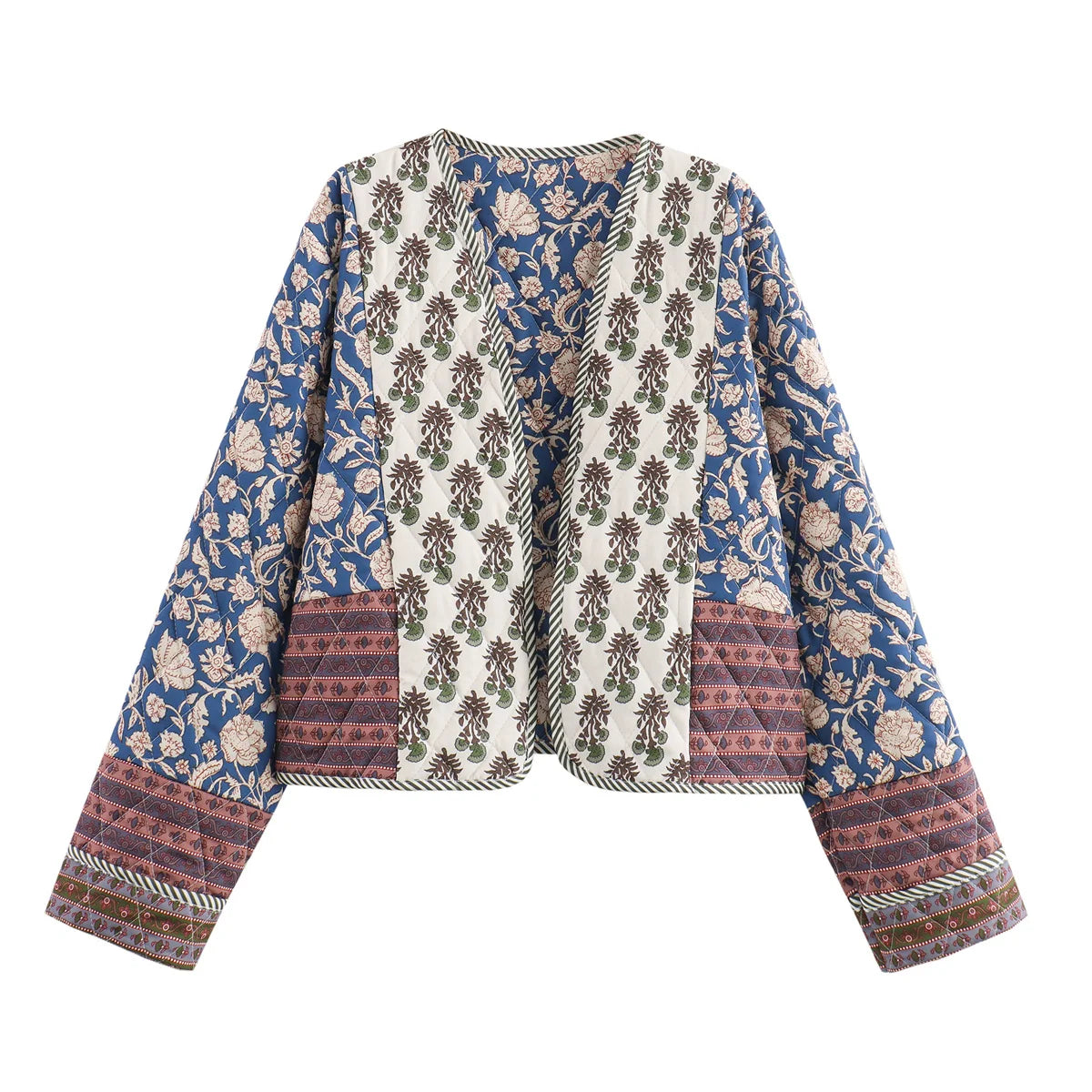 Vintage Women's Print Patchwork Cotton Jacket  Quilted Long Sleeve Loose Short Warm Coat Autumn Winter Female Outwear