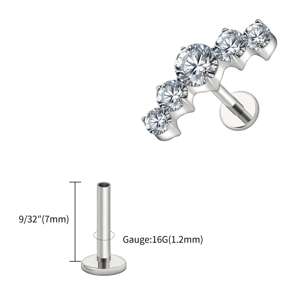 16G Titanium CZ Cluster Labret Stud – Curved Bar Flat Back Cartilage Earring