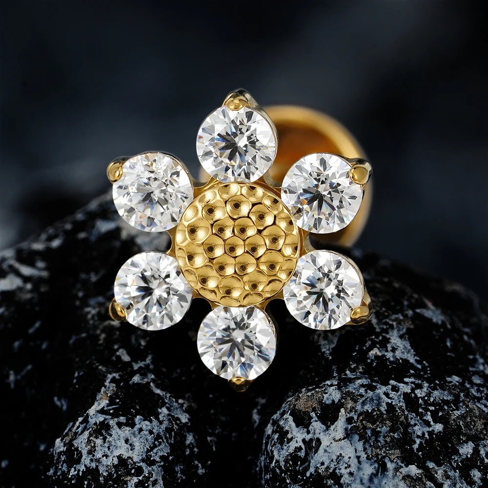 16G Titanium Sunflower Labret Stud – Mini CZ Flower Cartilage Piercing