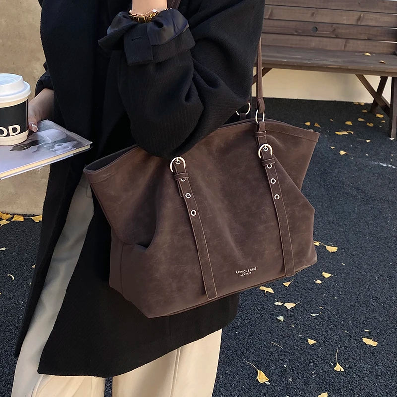Korean Large Capacity Tote Bag Women Suede Shoulder Crossbody Bag Belt Buckle Design Minimalist Solid Color Zipper Underarm Bag