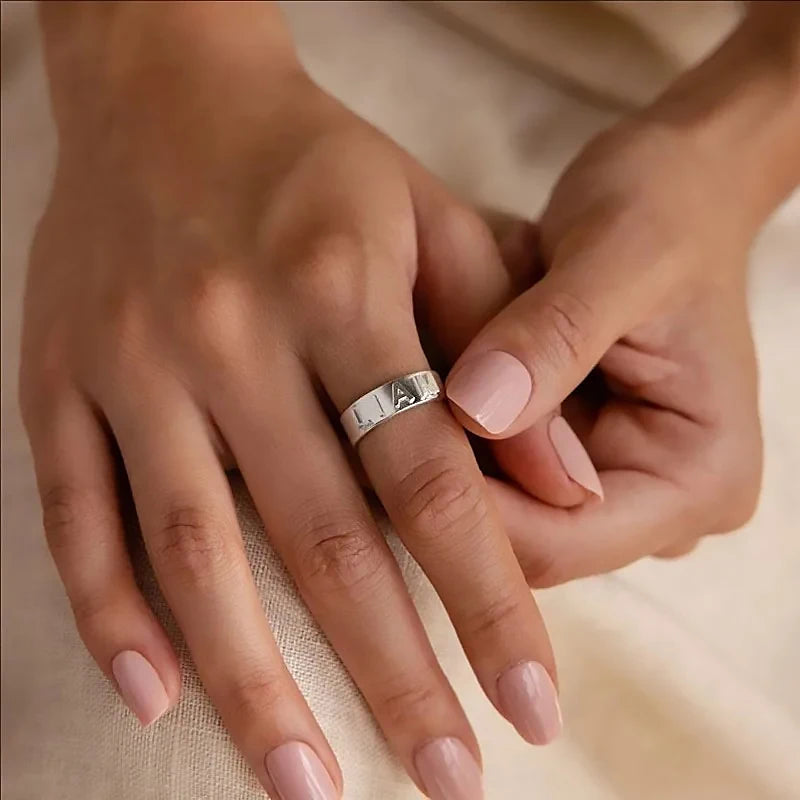 Personalized Name Ring – Custom Initial Gold-Tone Stainless Steel Ring for Couples