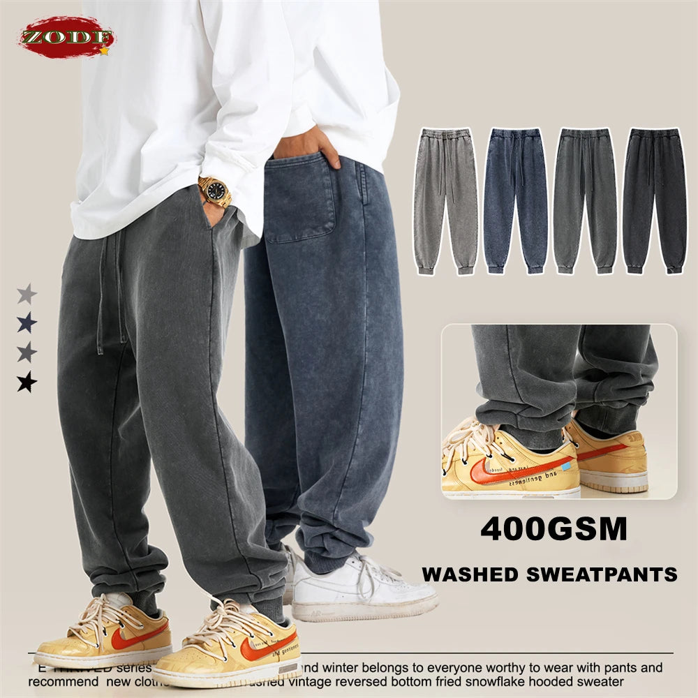 ZODF Unisex 400 GSM Heavyweight Jogger Pants – Washed Cotton Loose-Fit Streetwear Sweatpants