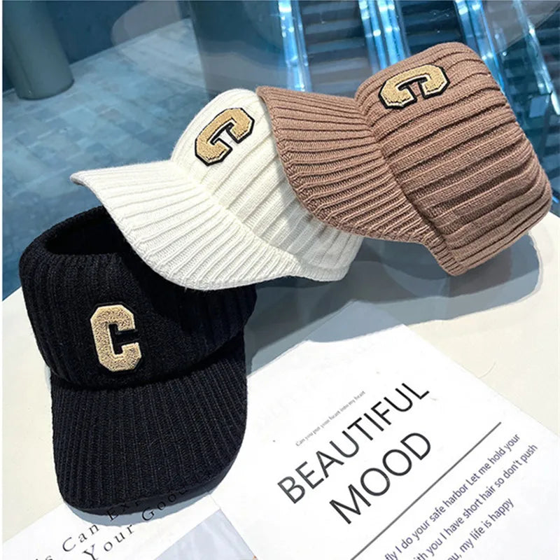 Unisex Knitted Visor Beanie Hat – Striped Winter Cap with Plush Lining