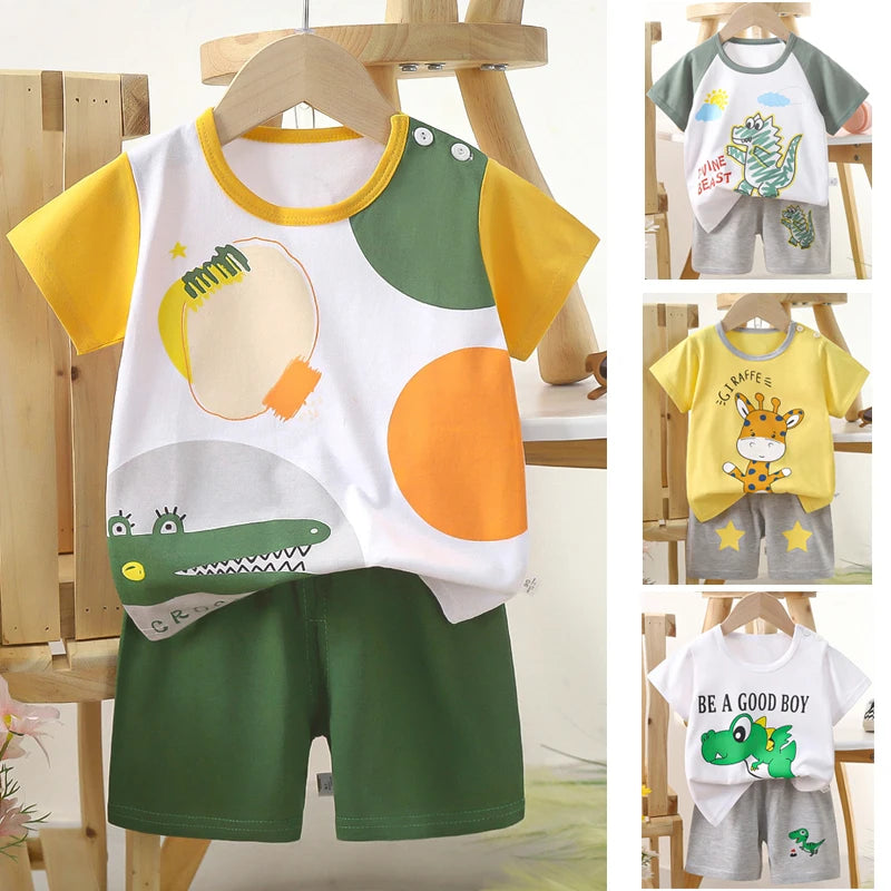 1 Sets Pure Cotton Kids Cartoon Clothing Summer Baby Fashion Short Sleeve Suits Boys Girls T-Shirts+Shorts Children Outfits