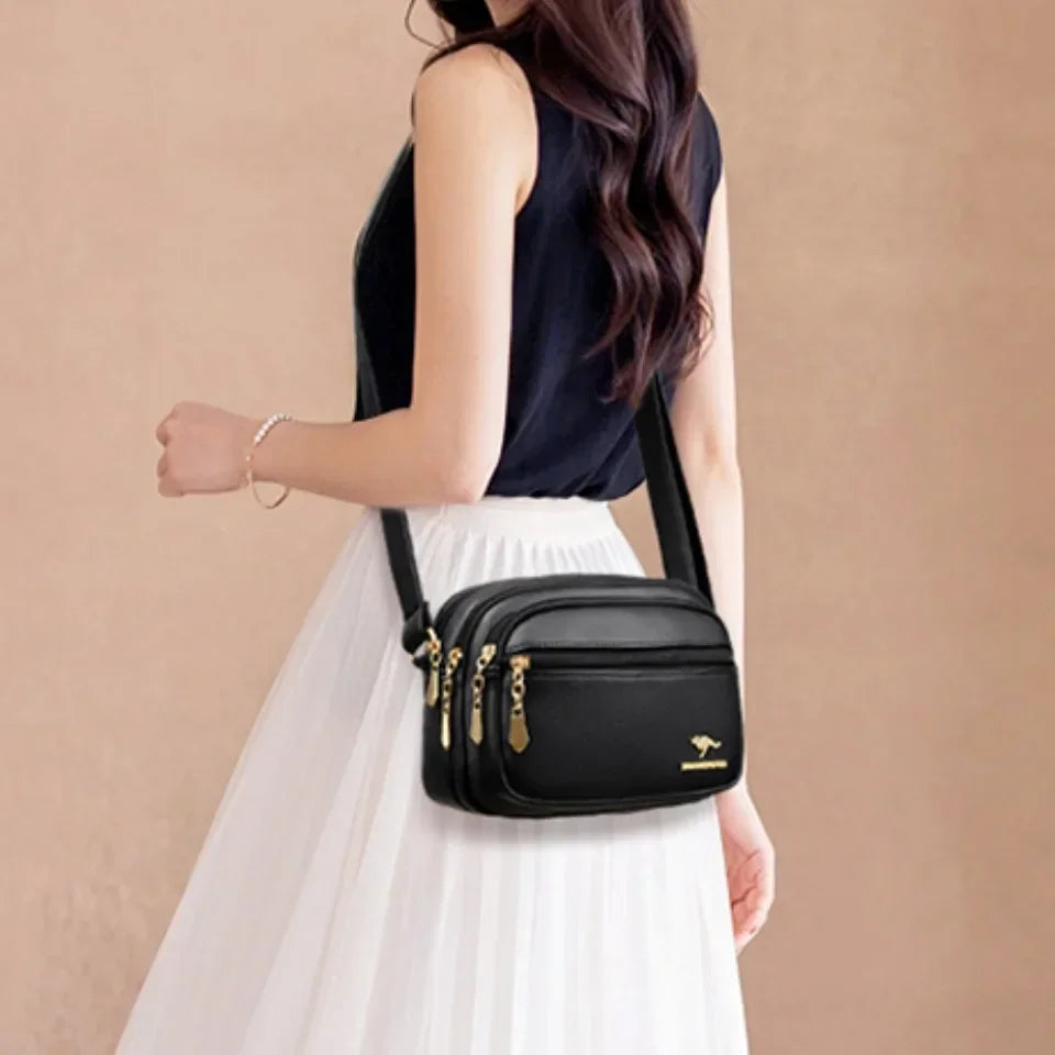 Women's Soft Leather Messenger Bag – Multi-Pocket Luxury Shoulder Handbag