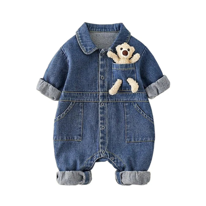 Spring Denim Baby Jumpsuit Cartoon Pocket Bear Romper for Boys Girls Newborn Overalls Korean Style Onesie Autumn Kids Clothing