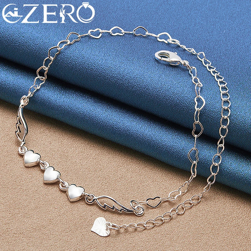 925 Sterling Silver Angel Wings & Three Hearts Bracelet – 18K Gold-Tone Jewelry