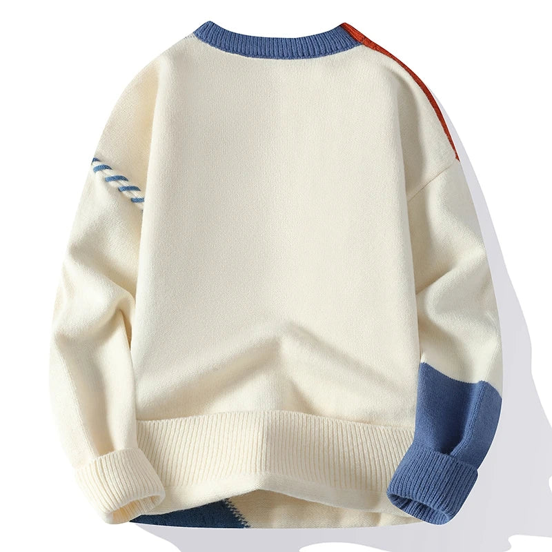 Men's Patchwork Knit Sweater – Warm Crew Neck Pullover, Korean Streetwear Style