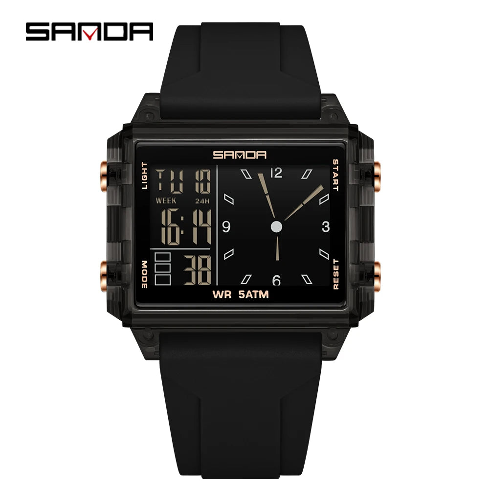 SANDA Fashion Electron Analog Watch for Men Women Waterproof Square Dial Count Down Timer Digital Wristwatch Man World Time