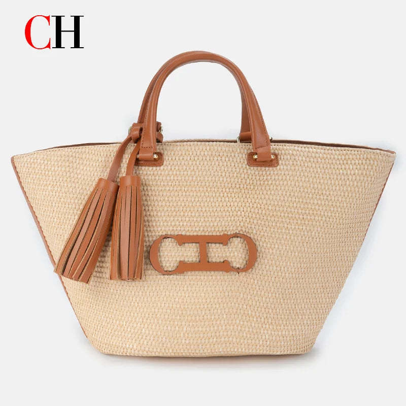 CH Women Straw Tote Bag Large Capacity Woven Raffia Handbag with Tassel Leather Handles Summer Beach Vacation Shoulder Bag