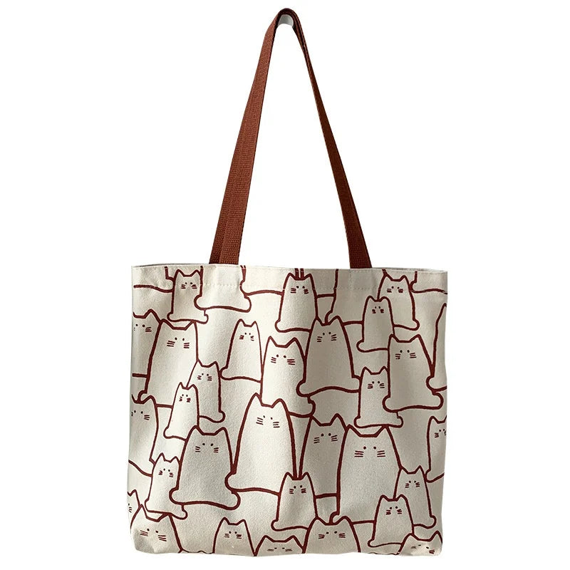 Women's Canvas Cat Tote Bag – Cute Japanese-Style Shoulder Bag with Zipper
