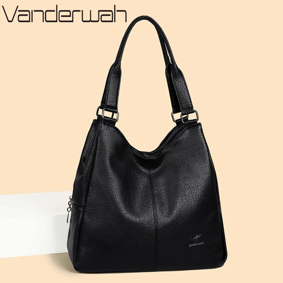 Women's Soft Leather Tote Bag – Luxury Three-Layer Shoulder Handbag