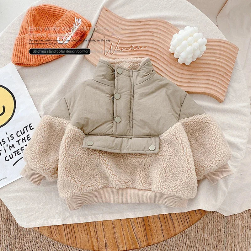 0-6Yrs Children Girls Laml Wool Stitching Coat Warm Autumn Girls Plus Velvet Jackets Winter Kids Clothing Outfits