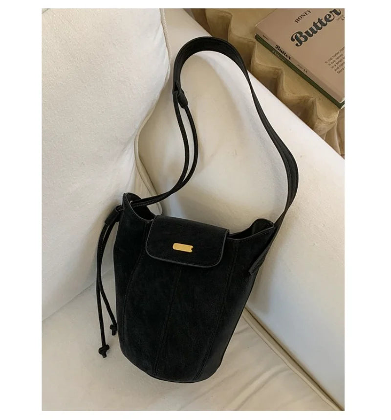 Women's Casual Style Suede & Leather Bucket Shoulder Bag, Ideal for Daily Use, School Commute, Weekend Outings & Shopping