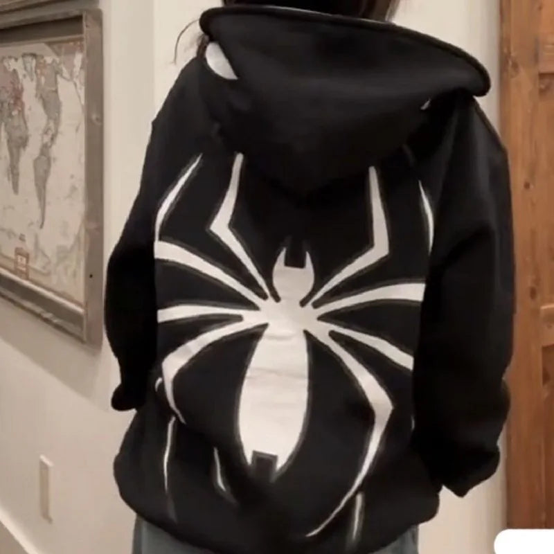 Unisex Spider Graphic Zip-Up Hoodie – Oversized Gothic Y2K Streetwear Jacket