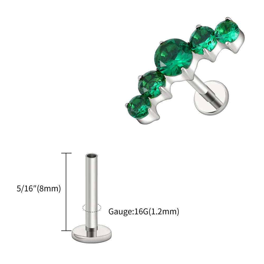 16G Titanium CZ Cluster Labret Stud – Curved Bar Flat Back Cartilage Earring