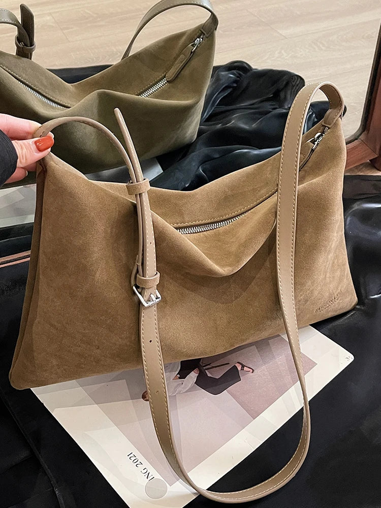 Women's Vintage Suede Tote Bag – Large-Capacity Shoulder and Crossbody Bag for Autumn and Winter