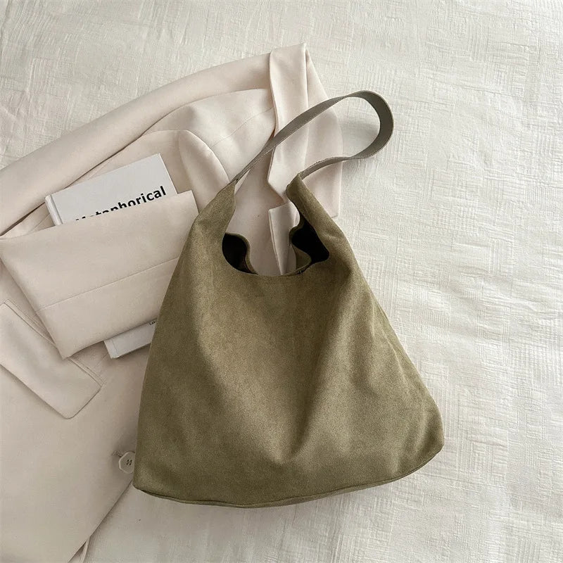 Faux Suede Women's Bag, Fashion Simple Large Capacity Korean Version Trendy Casual Shoulder Armpit Bag Pure Color Retro Tote Bag