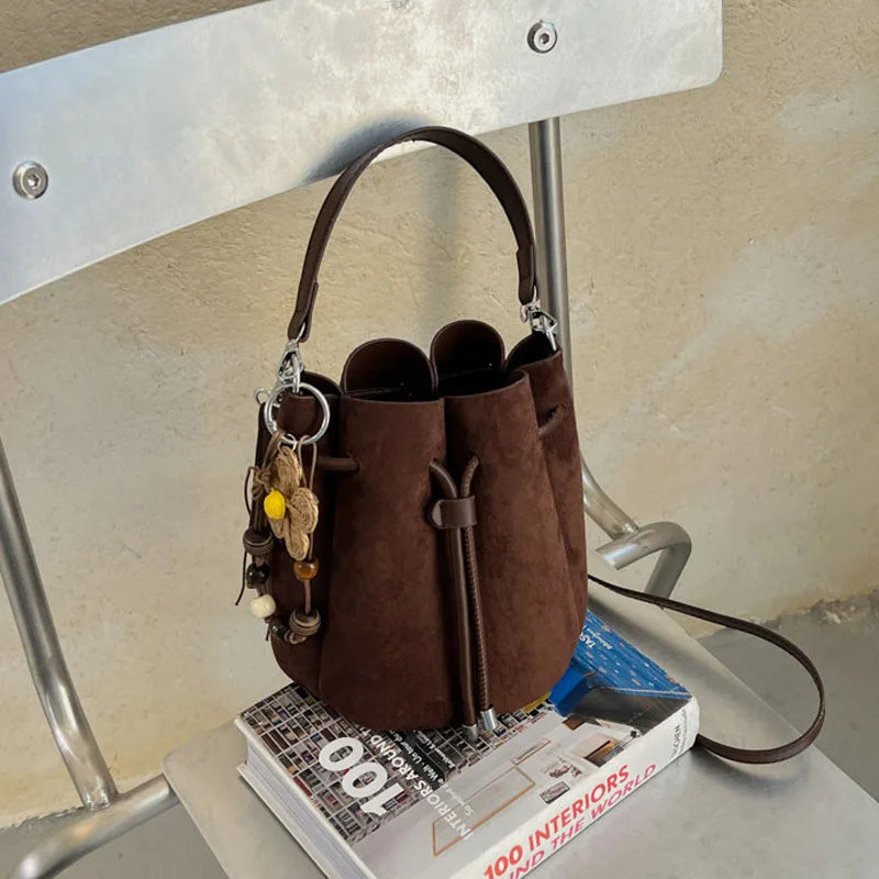Faux Suede Flower Petal Bucket Bag for Women New Autumn Vintage Maillard Party Handbags Commuter Shoulder Crossbody Bags