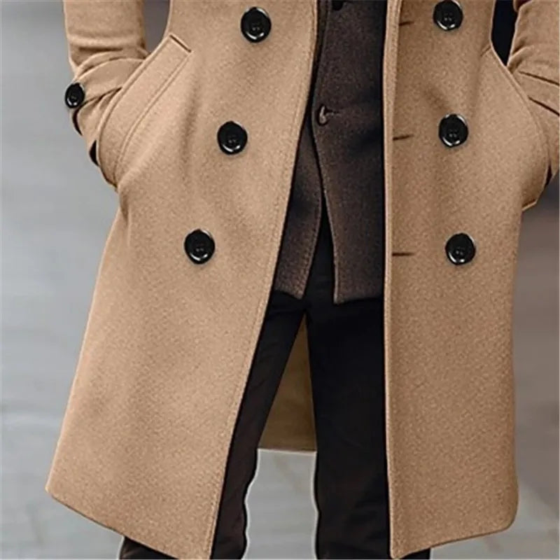 Men's Double-Breasted Wool Blend Overcoat – Long Business Casual Coat, Classic British Style