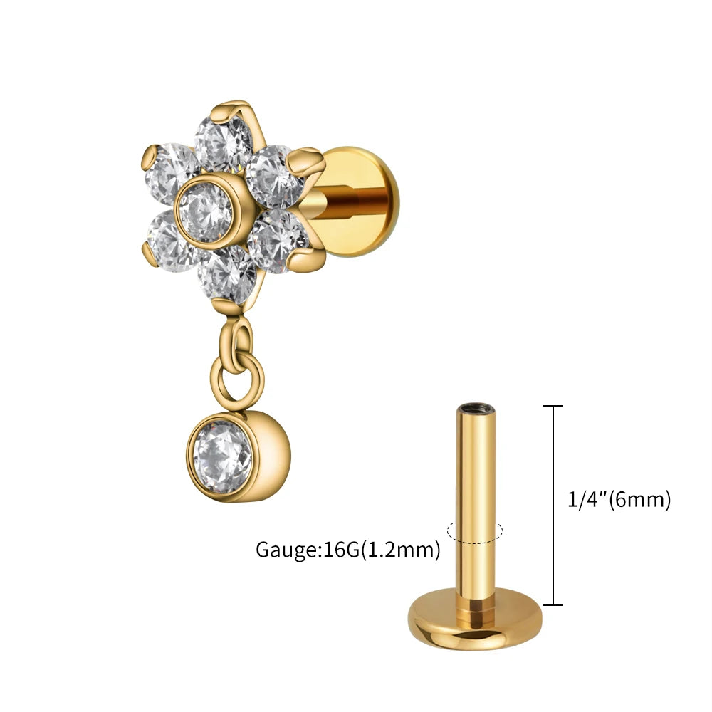 16G Titanium Flower CZ Drop Labret – Dangle Flat Back Piercing Earring