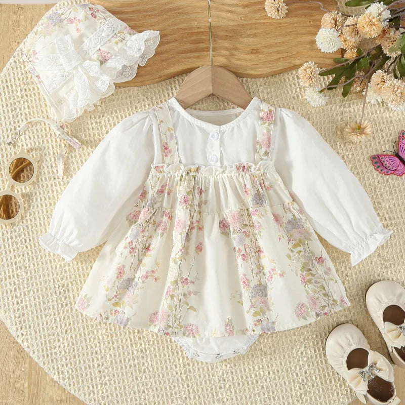 Spring Toddler Romper Clothing 0-2Y New Baby Girls Bodysuit Floral Long Sleeve Dress with Lace Hat Sibling Matching Outfits
