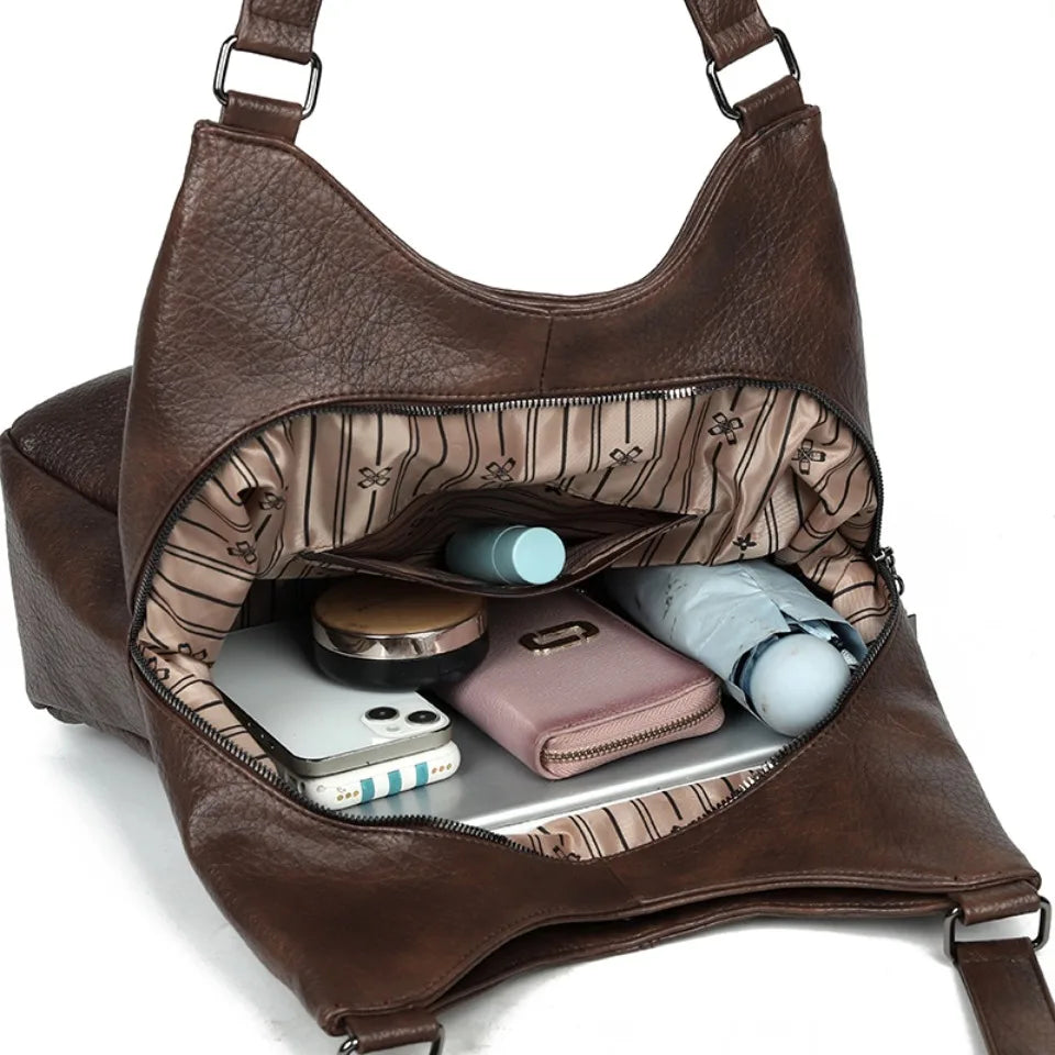 Women's Soft Leather Tote Bag – Luxury Three-Layer Shoulder Handbag