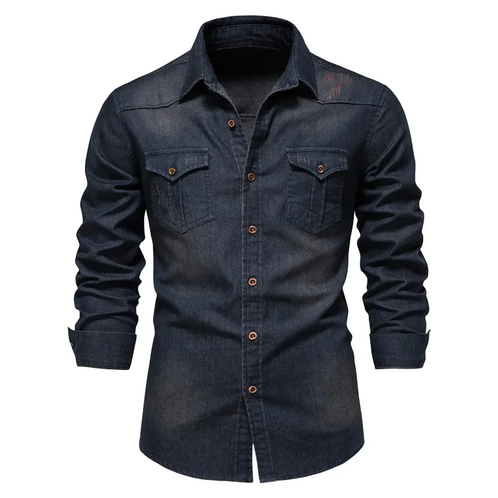 AIOPESON Men's Slim Fit Stretch Denim Shirt – Long Sleeve Cotton Cowboy Shirt