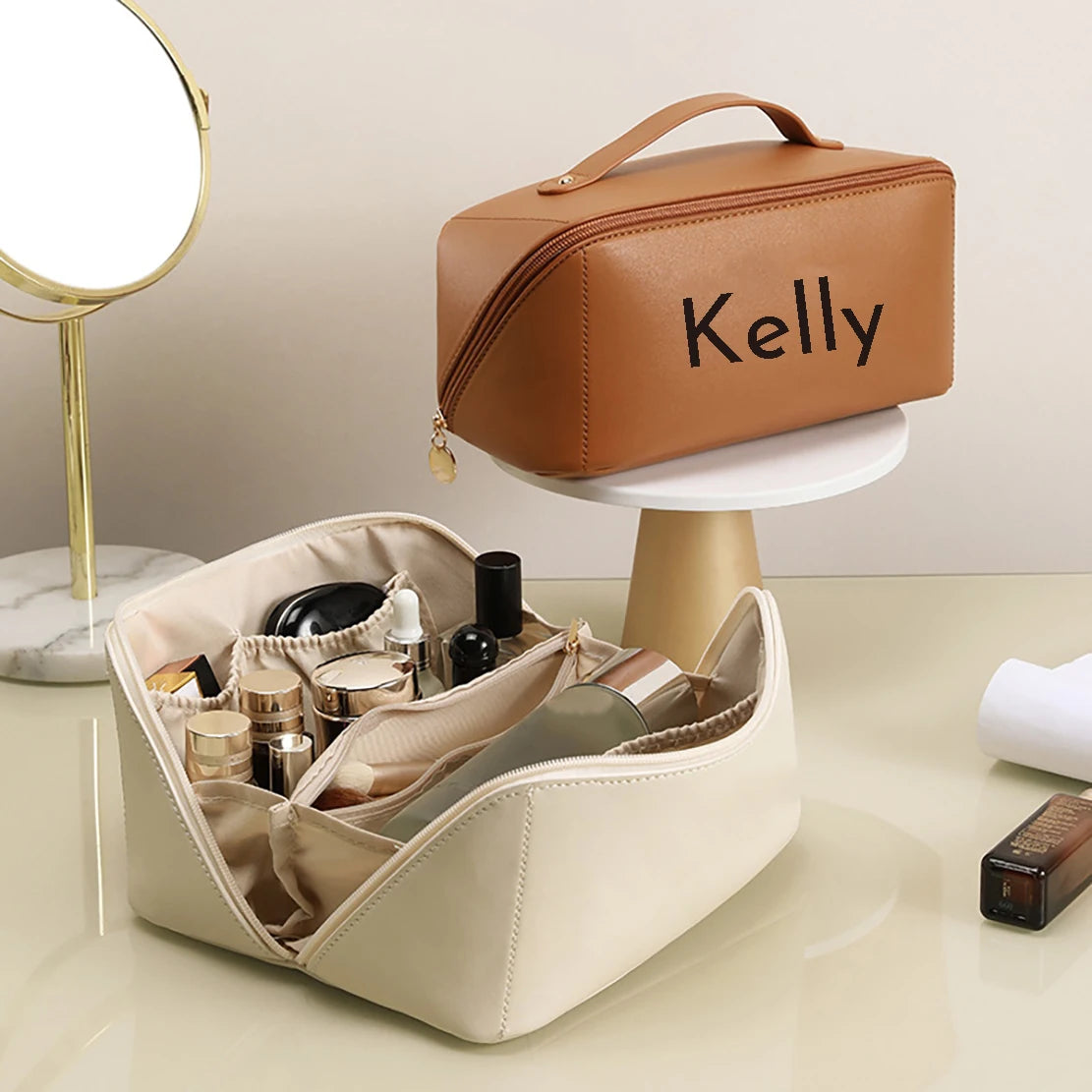 Personalized Cosmetic Bag for Women, Portable Faux Leather Makeup Pouch, Waterproof Bathroom Washbag with Name, Gift for Bridesm