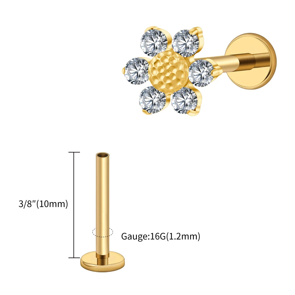 16G Titanium Sunflower Labret Stud – Mini CZ Flower Cartilage Piercing