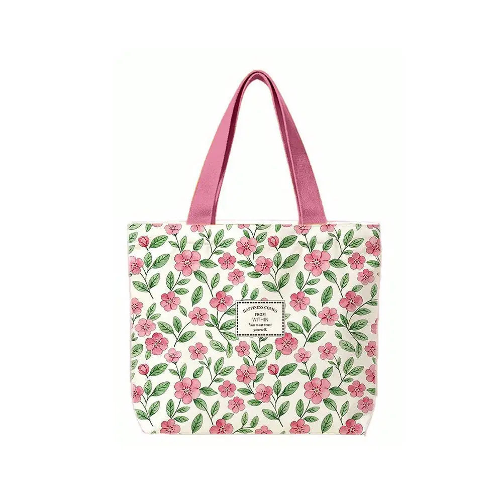 Fashion Canvas Tote Bag Open Top Large Capacity Single Shoulder Bag Floral & Lemon Print Shopping Shoulder Bag Gift