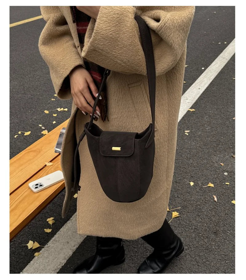 Women's Casual Style Suede & Leather Bucket Shoulder Bag, Ideal for Daily Use, School Commute, Weekend Outings & Shopping
