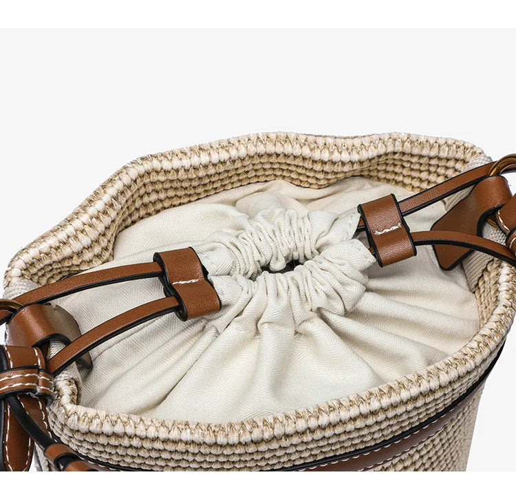 Fashion Straw Bucket Bag Weave Women Handbags Designer Panelled Shoulder Crossbody Bags Casual Summer Beach Small Tote Purse sac