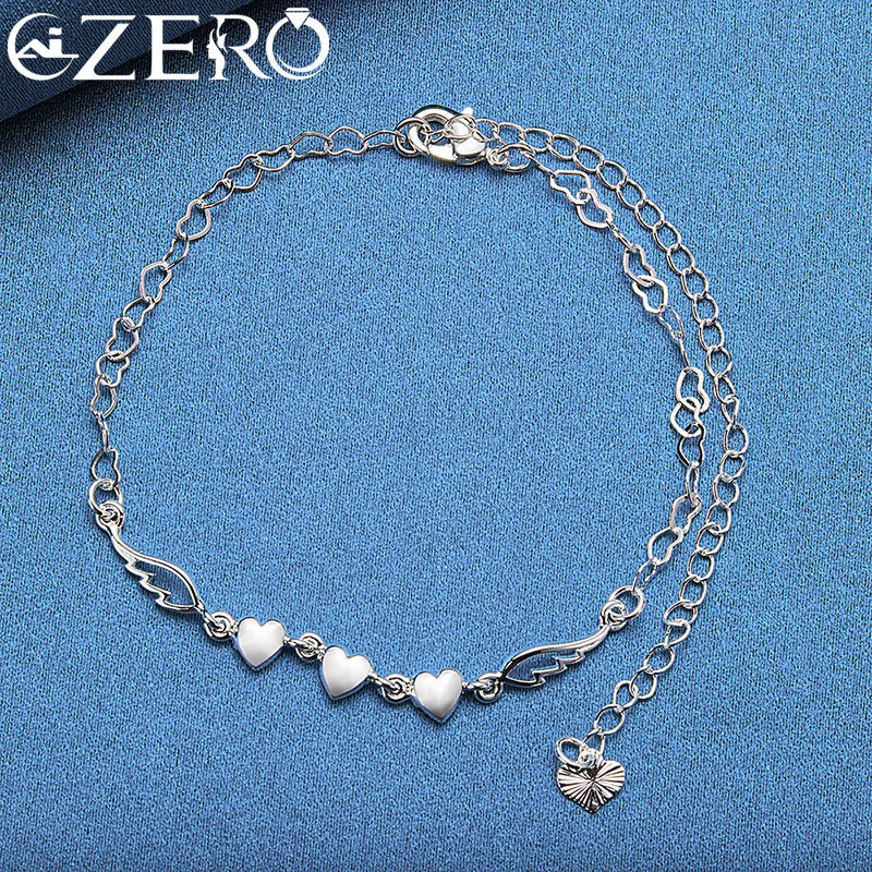 925 Sterling Silver Angel Wings & Three Hearts Bracelet – 18K Gold-Tone Jewelry