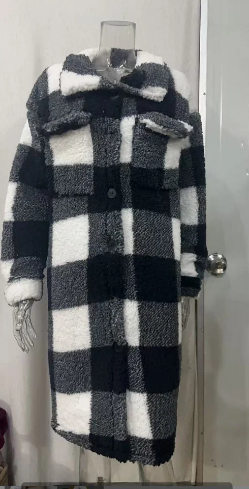 Women’s Long Plaid Fleece Coat – Button-Front Oversized Jacket with Pockets