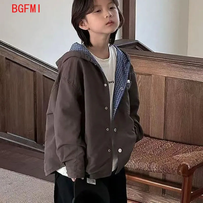 Boys Girls Outerwear Spring Autumn Double-sided Handsome for Teenage Boys Korean Student Hooded Windbreaker Children's Clothing