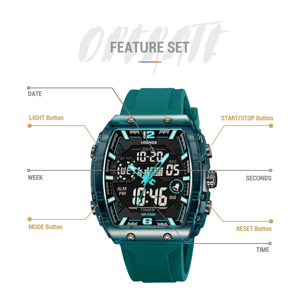 LOQNCE  98003 Male montre homme Hour Sport Watches Digital Double Time Chronograph Watch Mens LED Week Display Wristwatches