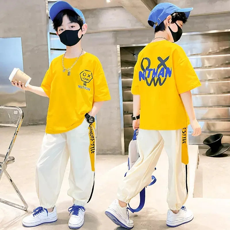 Summer Teens Boys Clothing Set Cotton Letter Short Sleeve T-shirt Pants 2Pc For 4-12Years Kids Clothes Suit Child Casual Outfits