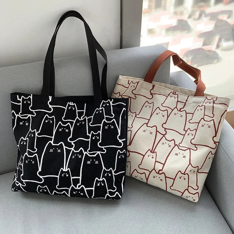 Women's Canvas Cat Tote Bag – Cute Japanese-Style Shoulder Bag with Zipper
