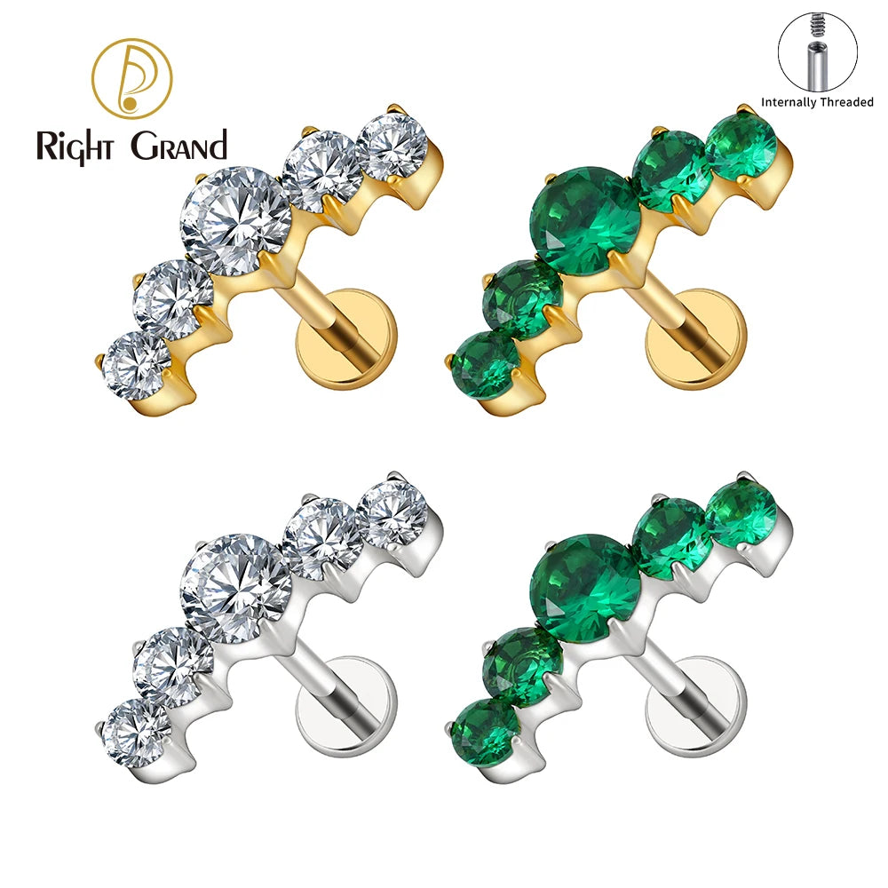 16G Titanium CZ Cluster Labret Stud – Curved Bar Flat Back Cartilage Earring