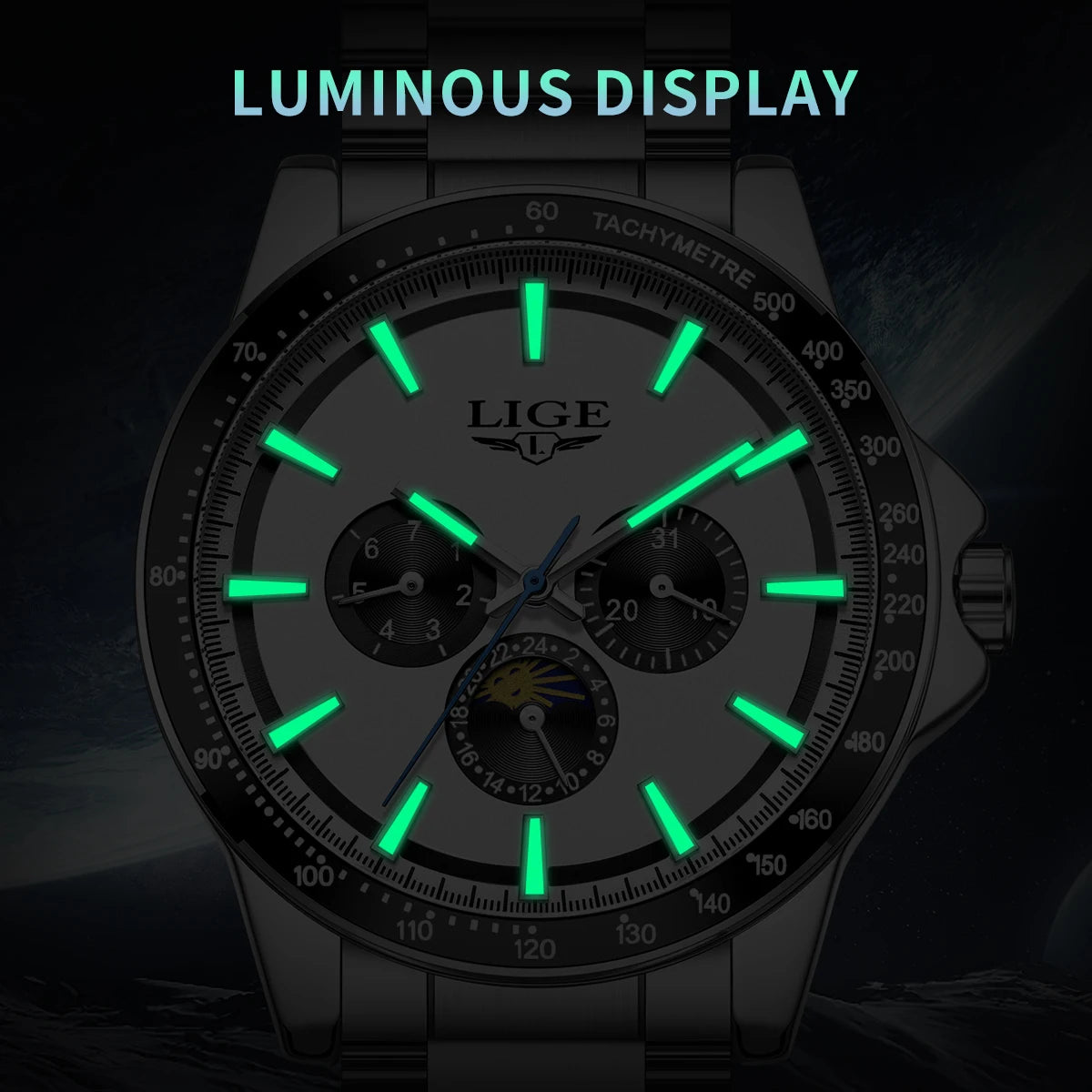 LIGE Men Luxury Business Watches Quartz Watch Luminous Calendar Moon phase Man Watch gifts for man reloj Montre pour hommes