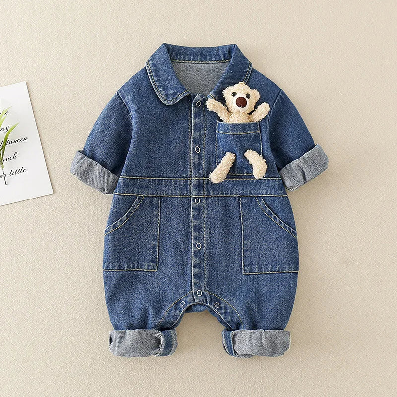 Spring Denim Baby Jumpsuit Cartoon Pocket Bear Romper for Boys Girls Newborn Overalls Korean Style Onesie Autumn Kids Clothing